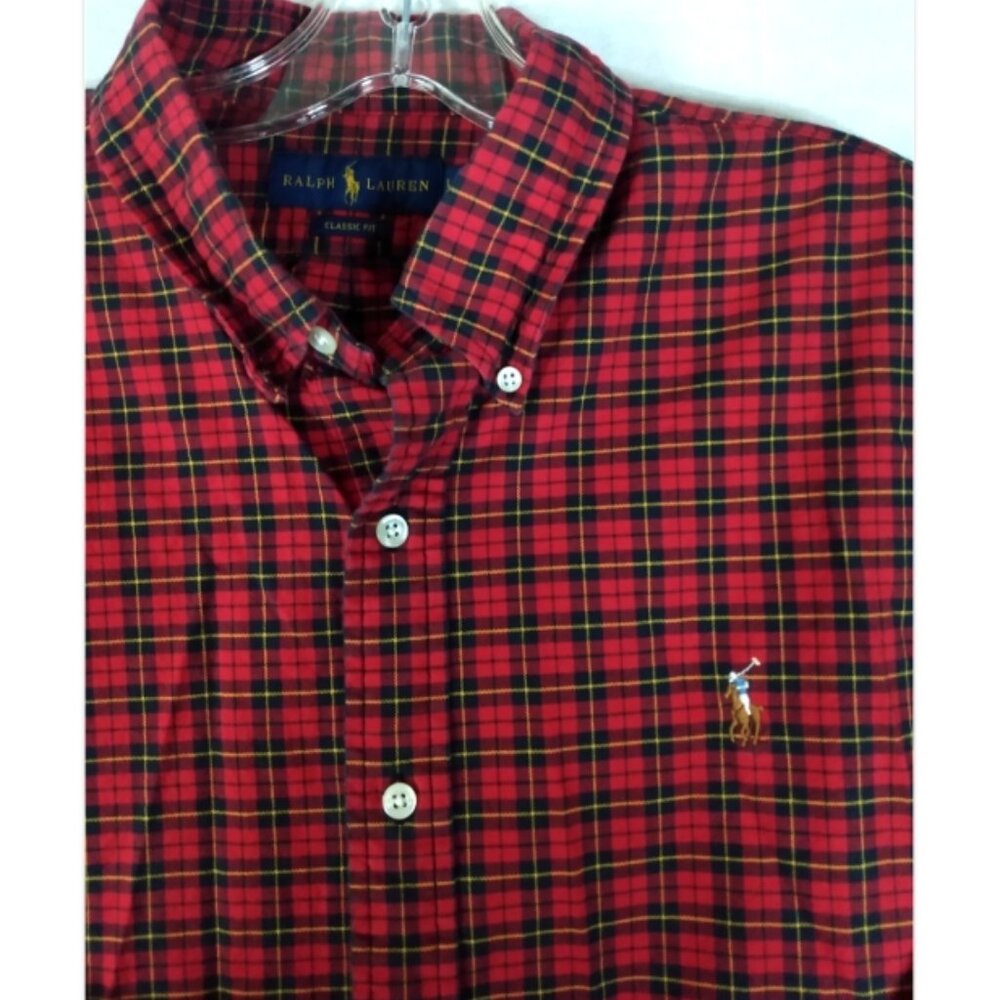 Ralph Lauren Classic Fit Long Sleeve Button Up Red Plaid Shirt Mens L Flesh Pony
